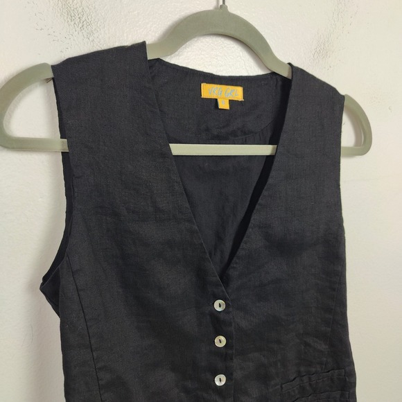 VRG GRL Streets Black Linen Vest Womens 6 Button Front Gilet Preppy‎ Minimalist - Picture 3 of 6
